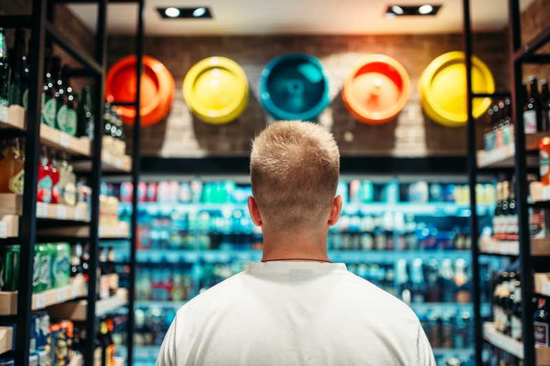 Male customer choosing drinks in supermarket