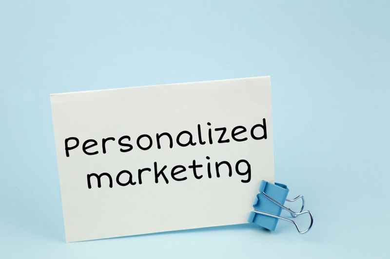 Personalized marketing note written on a white paper with a light blue clip holding it upright on a table.