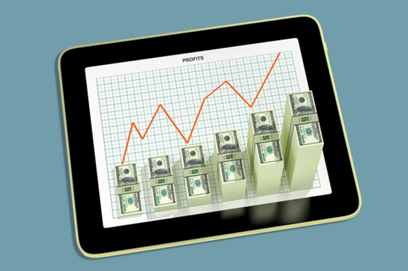 Tablet dollar bar graphs showing profit grow