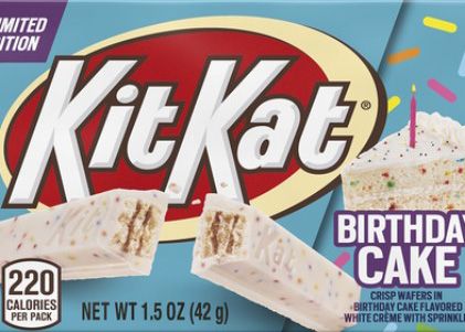 Image of birthday cake flavored kit kat candy bar with a blue wrapper